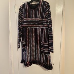 Navy long sleeve dress with details of white and red